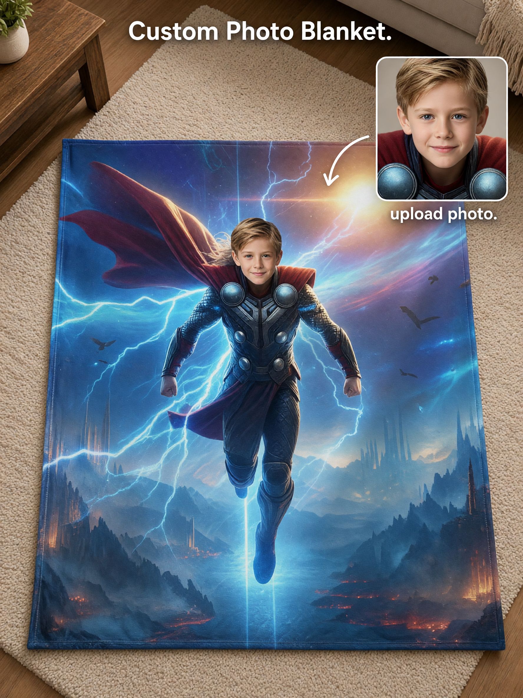 Custom Face Superhero Blanket, Personalized Photo Plush Flannel Throw for Kids, Ideal Cozy Gift for Bed and Sofa