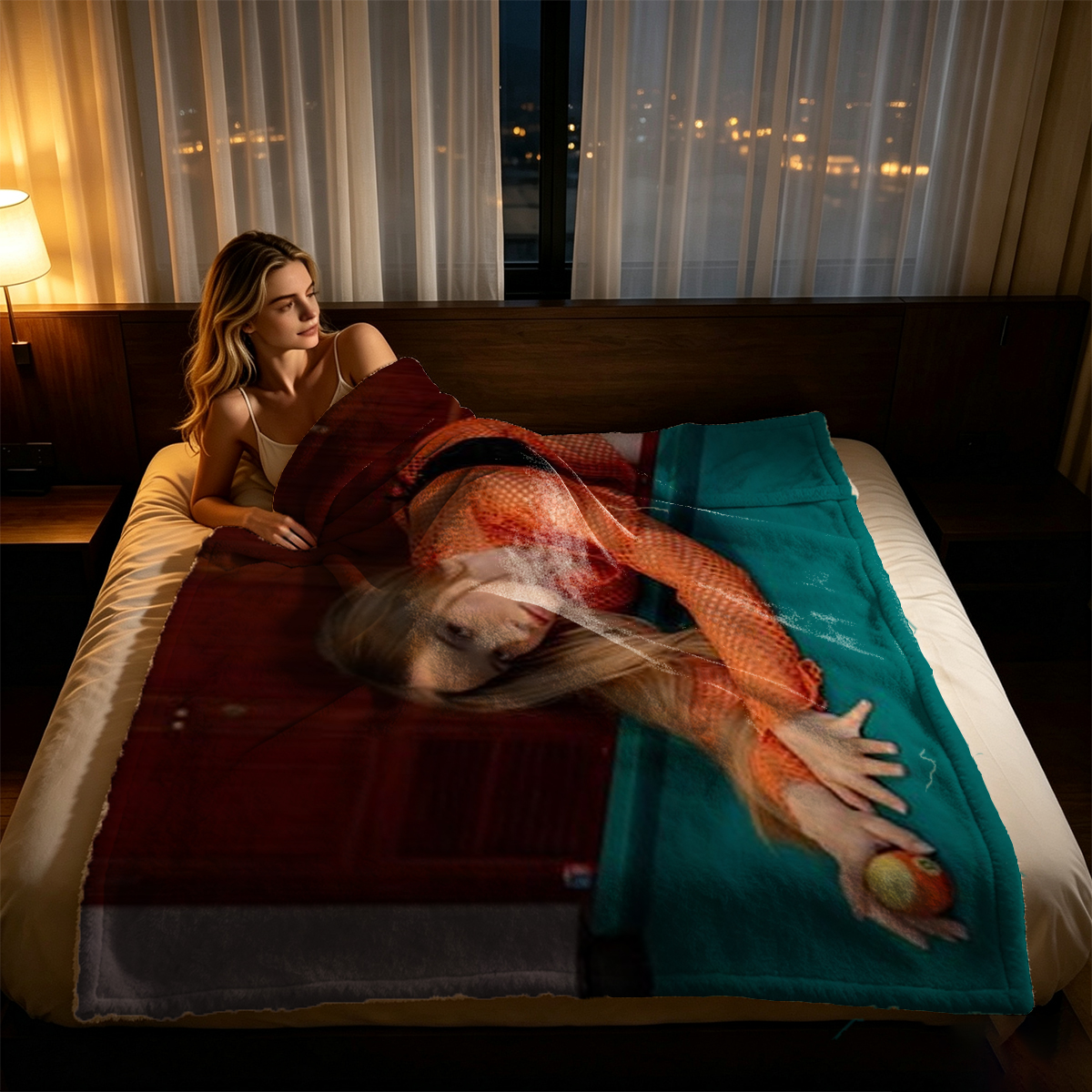 Nude Chinese beauty holding a halberd on wooden floor. - Blanket