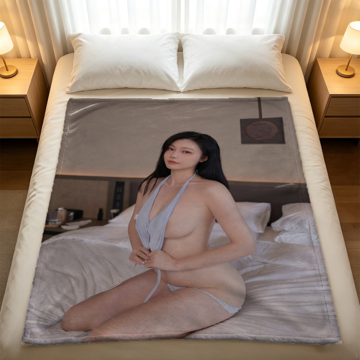 Korean Beauty in Black Bodysuit and Sheer Tights on Couch - Blanket