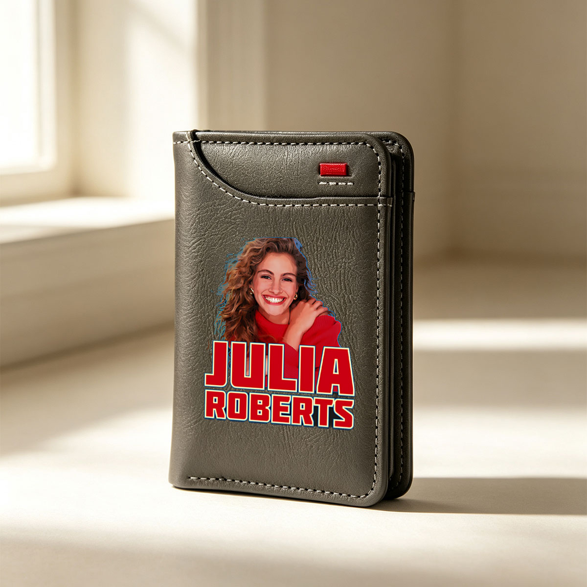 Julia Roberts: Iconic Hollywood Actress in Red Sweater Portrait - Vertical Style Wallet