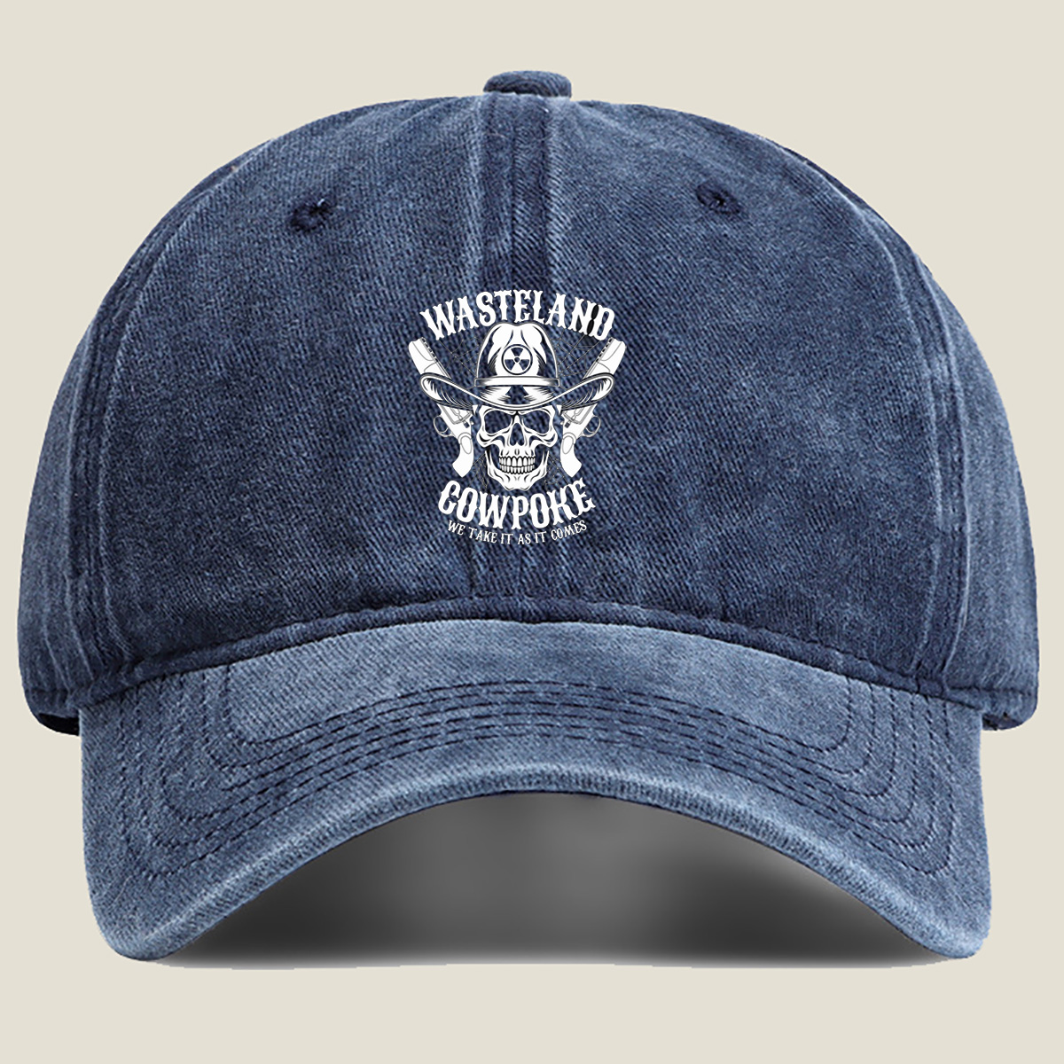 Wasteland Cowpoke: Skull with Cowboy Hat and Revolvers - Washed Denim - Baseball Cap