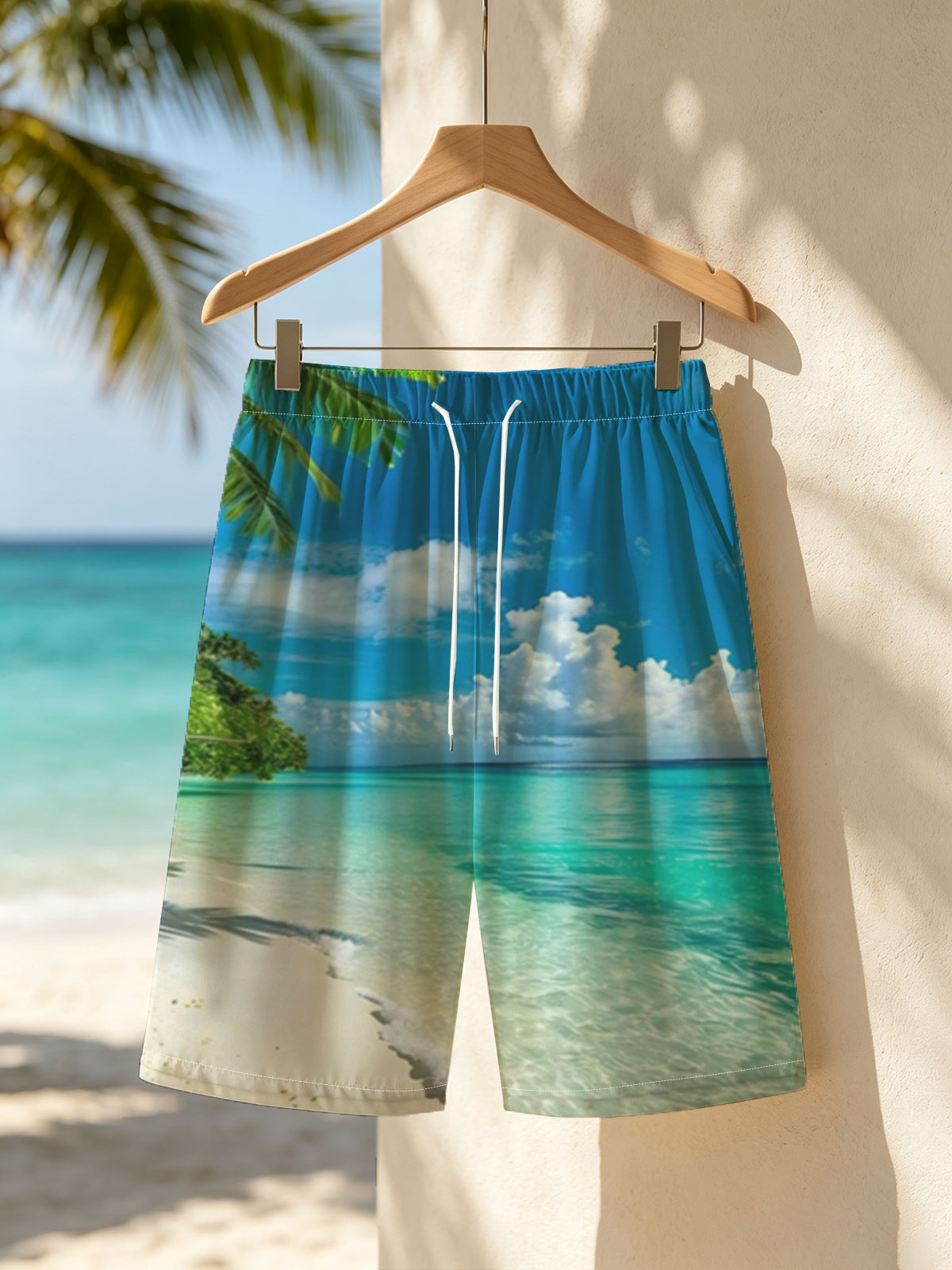 Tropical Beach with Crystal Clear Waters and Palm Trees -  Beach shorts