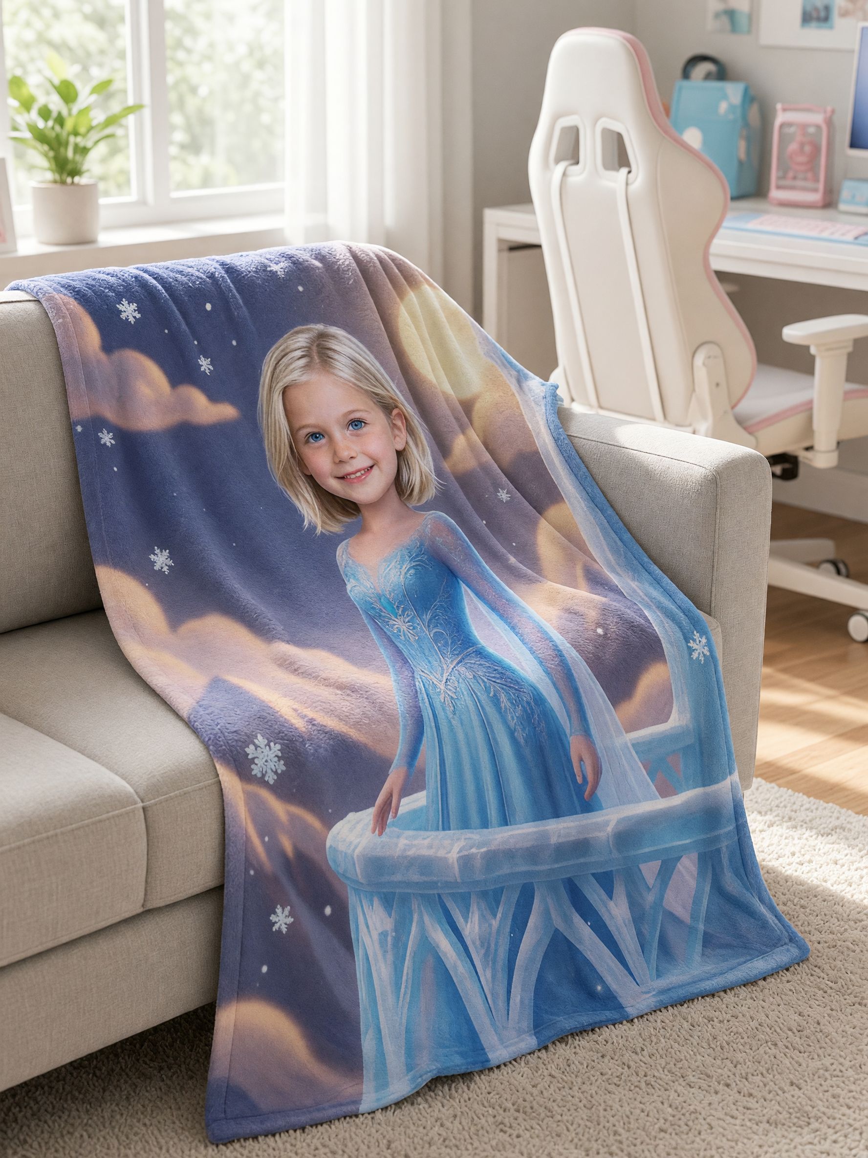 Custom Photo Face Flannel Blanket Personalized Ice Princess Fleece Throw for Kids Bed Sofa Ideal Personalized Gift