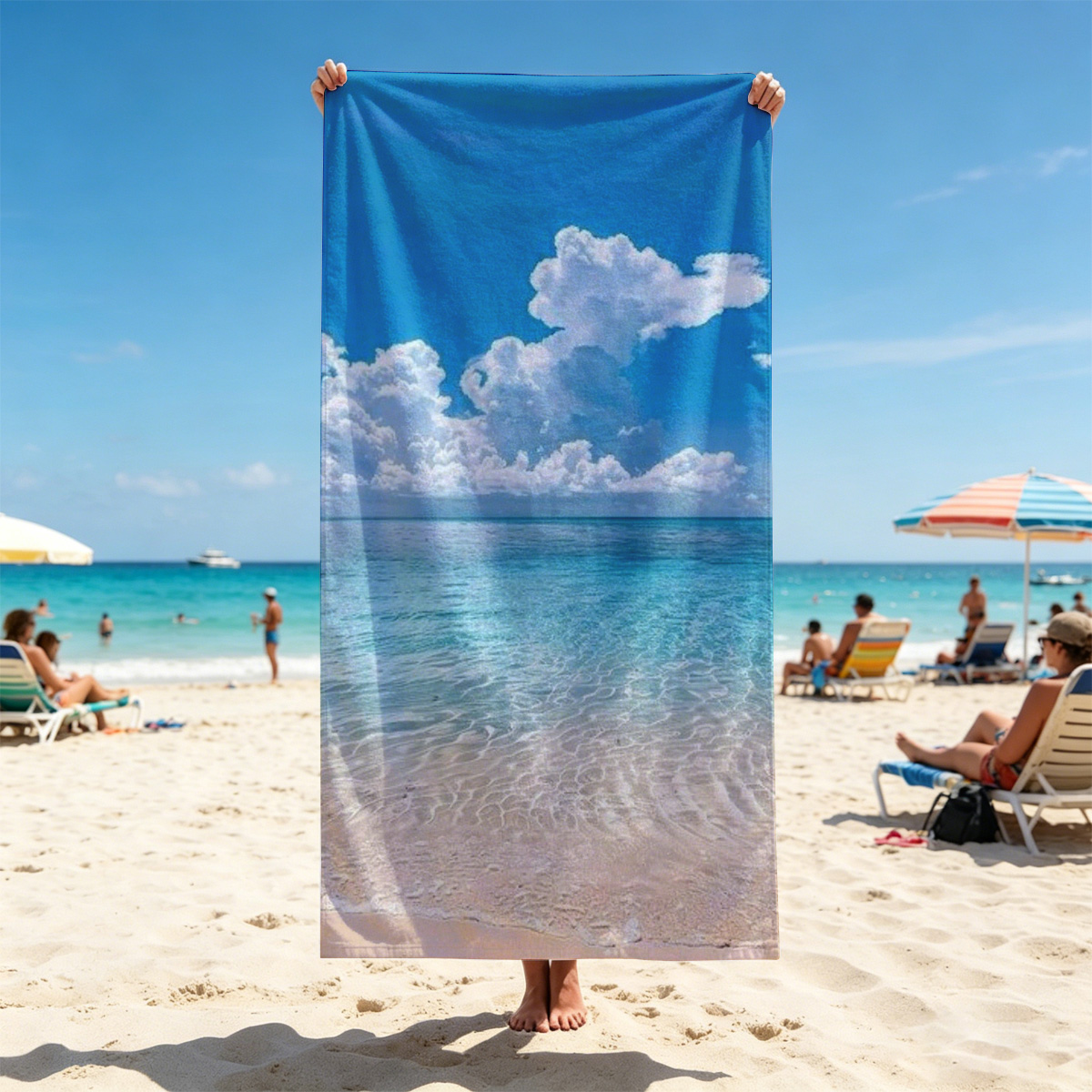 Crystal clear turquoise waters meet soft sandy beach under a vibrant blue sky with fluffy white clouds. - Beach towels