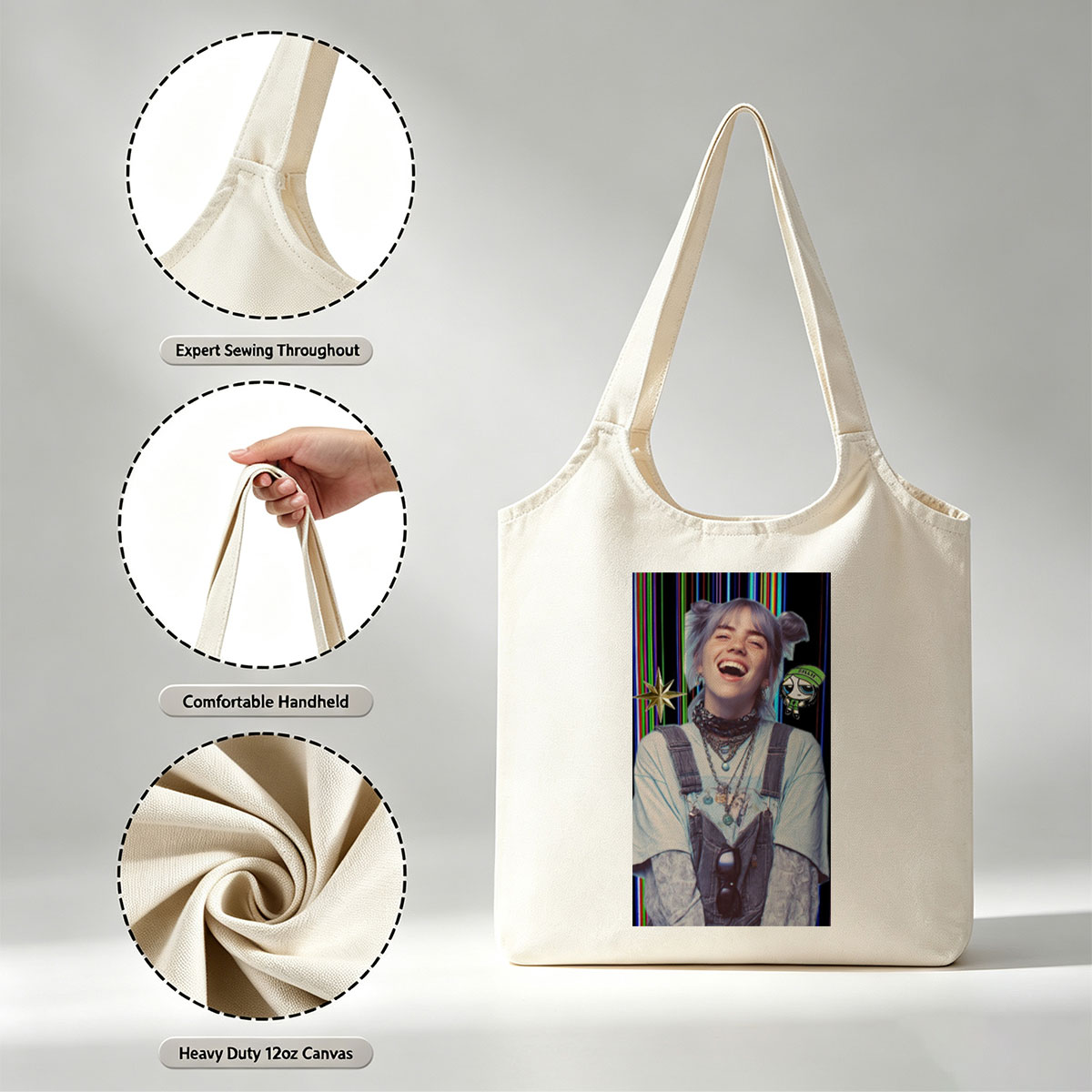 Billie Eilish Laughing in Overalls with Colorful Background and Cartoon Character Overlay - Canvas shoulder bags/