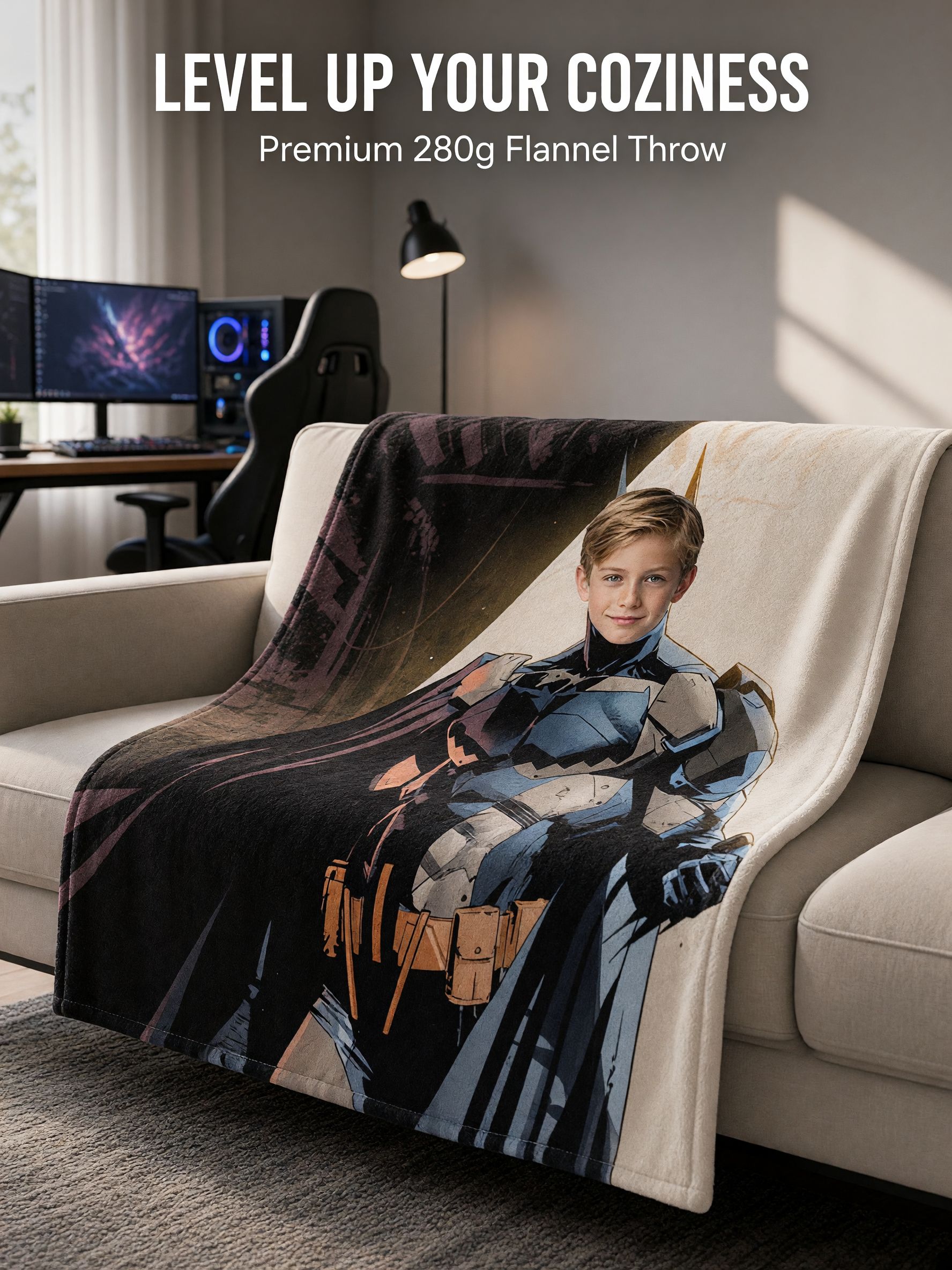 Custom Face Superhero Flannel Blanket, Personalized Photo Plush Throw, Warm Comic Fleece Gift for Kids