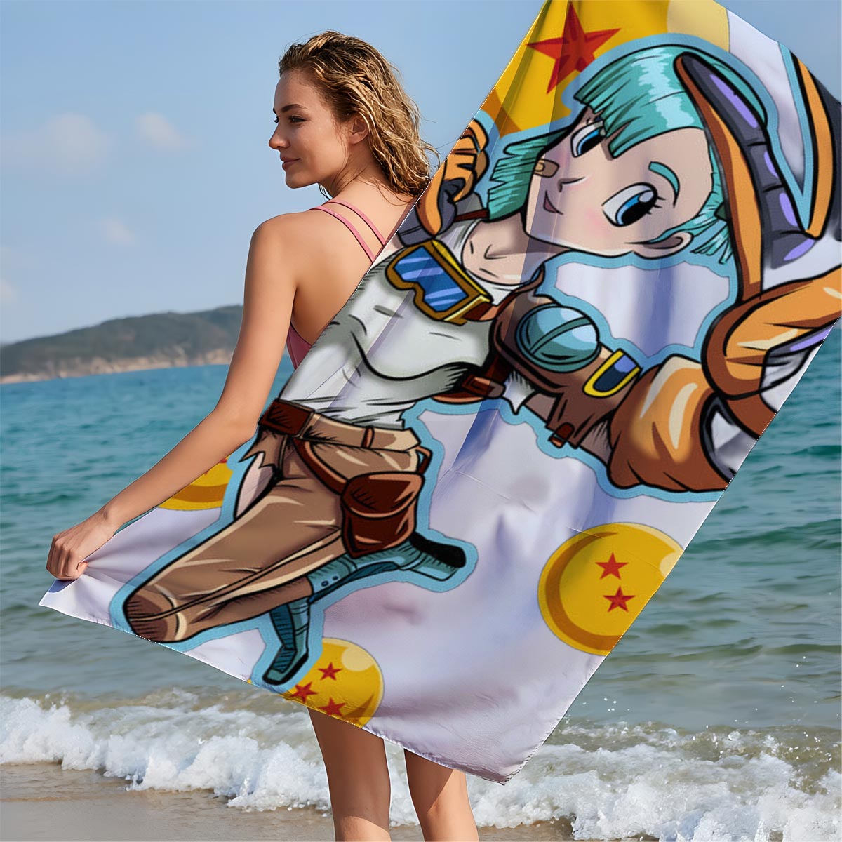 Bulma from Dragon Ball, holding a scouter, surrounded by Dragon Balls - Beach towels