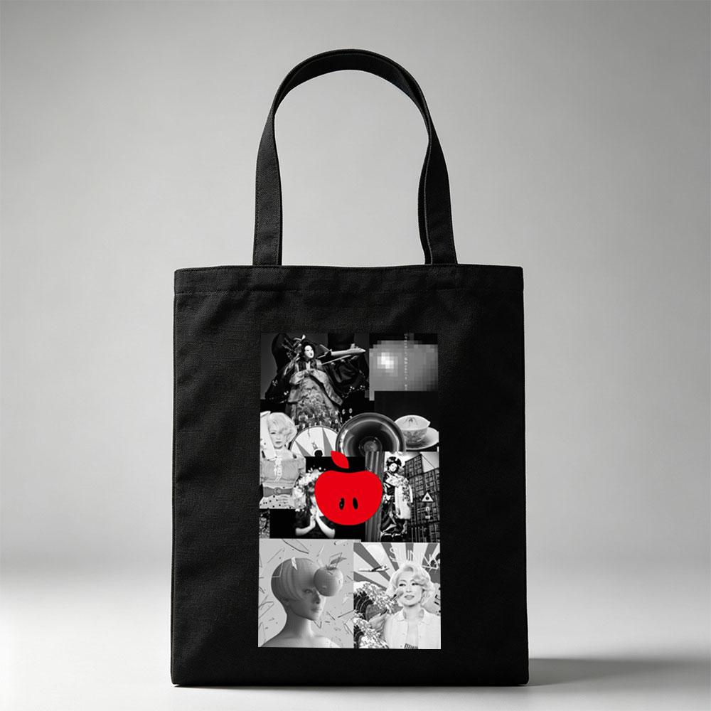 Ringo Sheena in a Retro-Futuristic Collage Featuring Black-and-White Portraits, Vinyl Records, and a Bold Red Apple Logo - Canvas tote bags