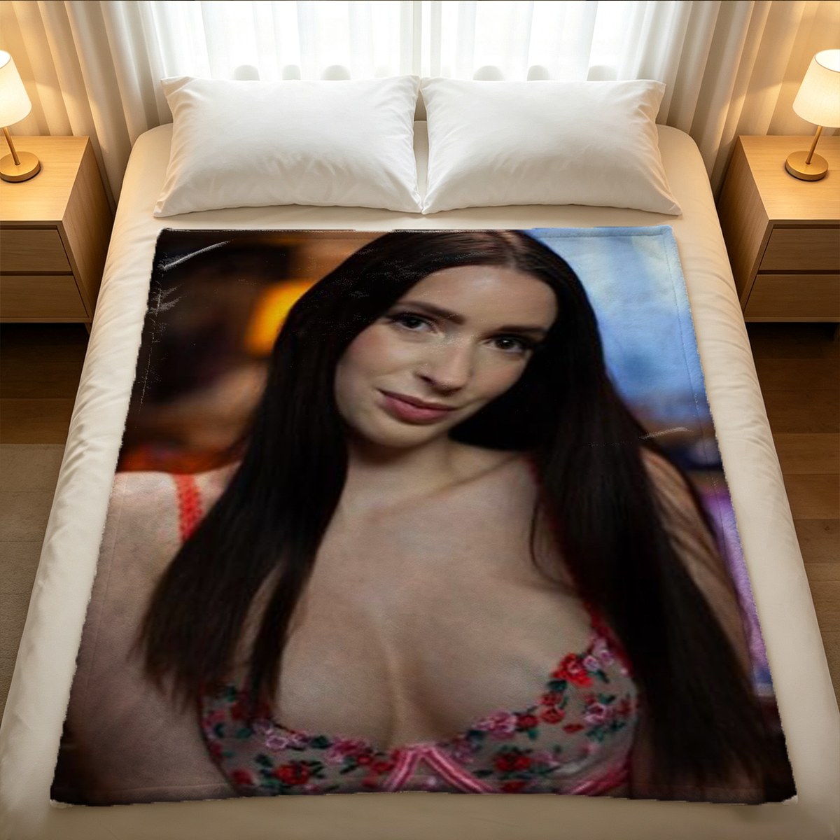 A woman in a blue cut-out swimsuit kneeling seductively in a luxury bathroom. - Blanket