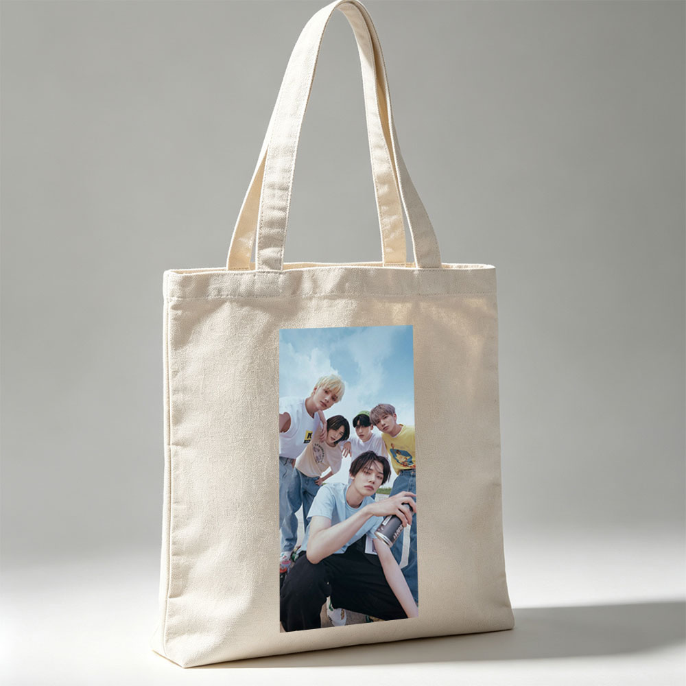 TXT Members in Casual Outfit Pose Outdoors with Cans and Expressive Gestures - Canvas tote bags