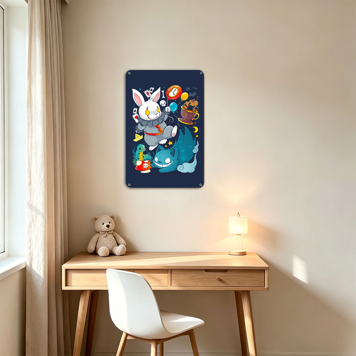 Alice in Wonderland Characters: White Rabbit, Cheshire Cat, Mad Hatter, and Caterpillar in Whimsical Scene - painting