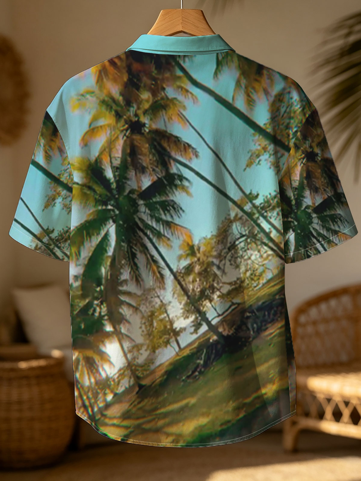 Tropical palm trees sway under a clear blue sky, casting golden shadows on the ground. -  Shirt