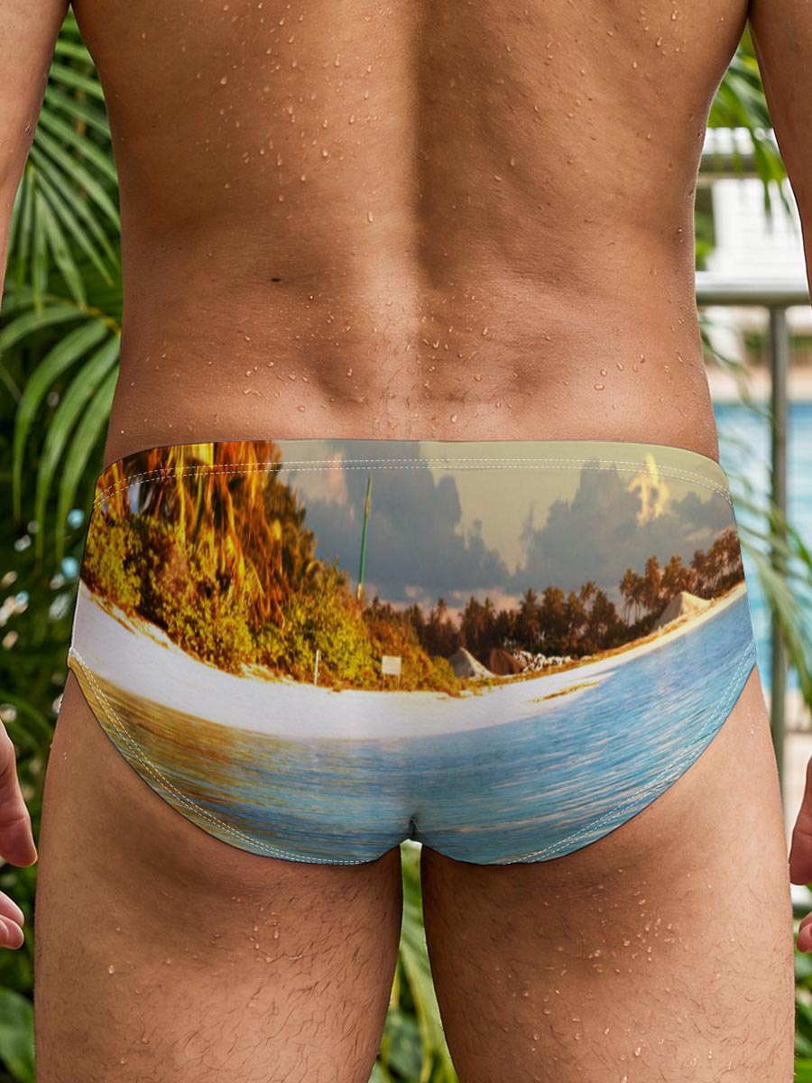 Tropical Beach with Clear Water and Palm Trees -  Men's swim trunks