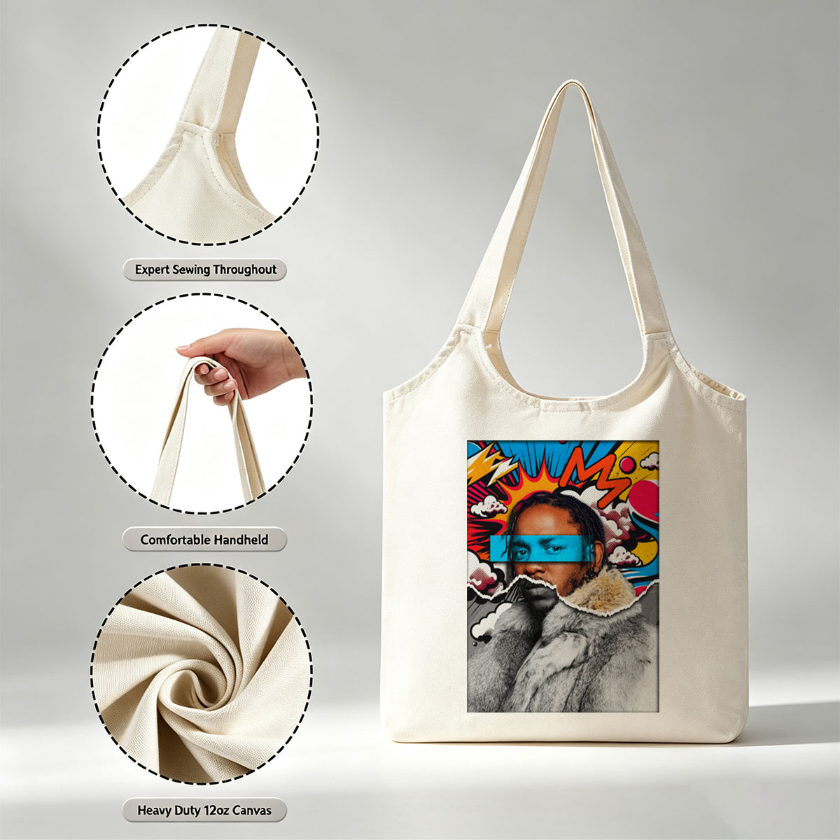 Kendrick Lamar in a Fur Coat with Comic-Style Background and Blue Eye Mask - Canvas shoulder bags/