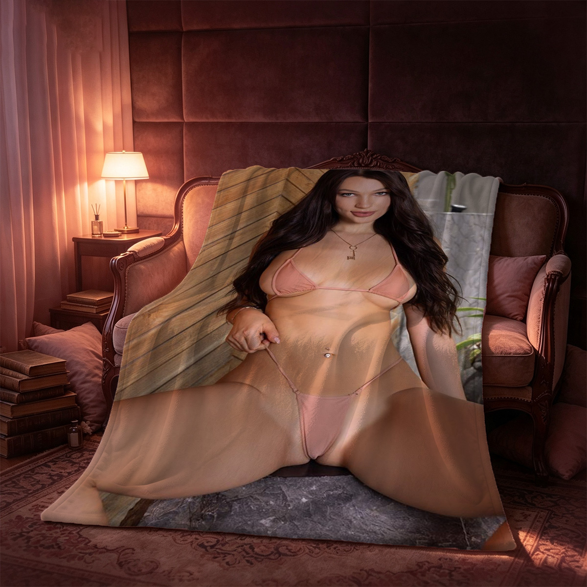 Glamorous Asian beauty in ornate silver micro bikini jewelry set, kneeling seductively indoors. - Blanket