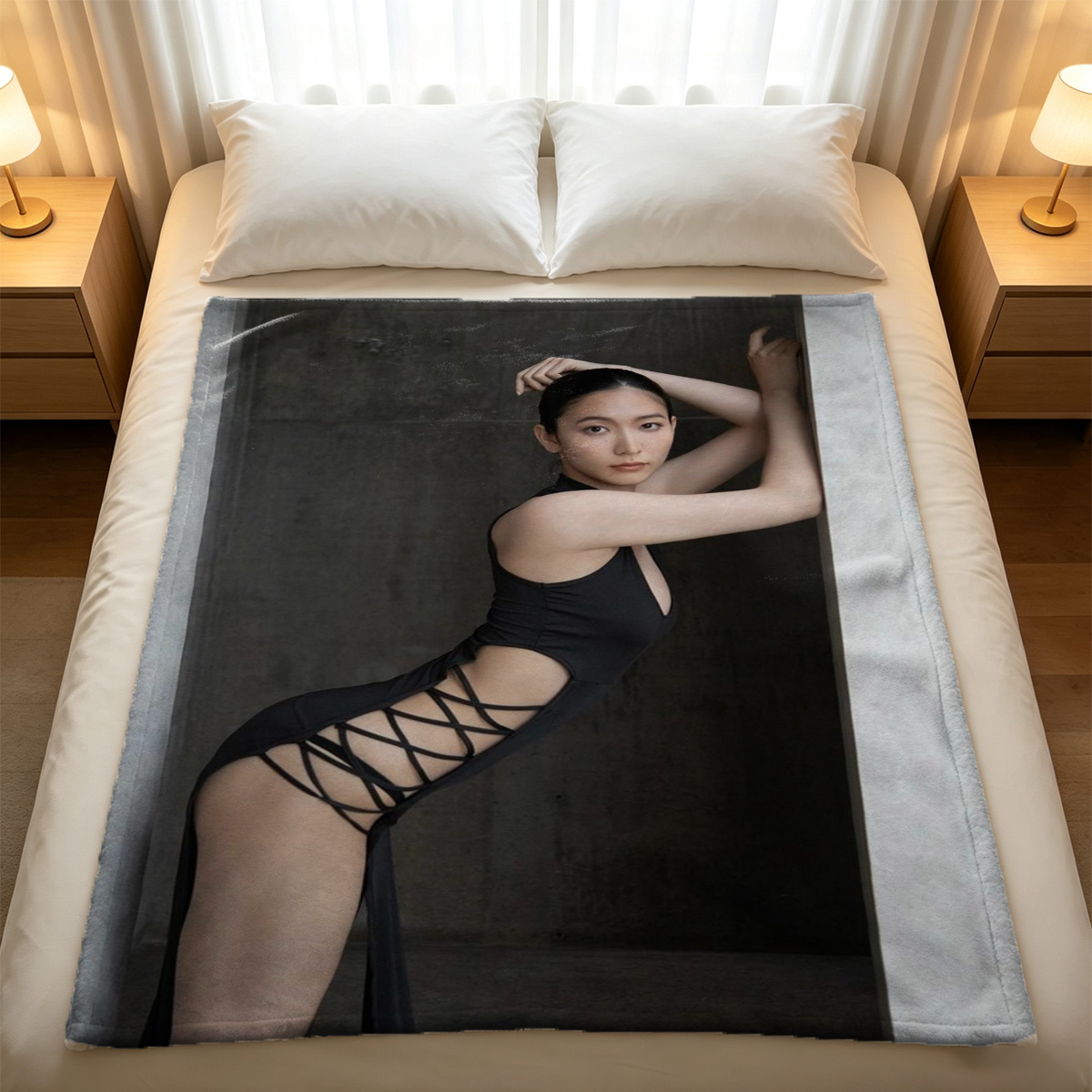Emily Ratajkowski in black embellished bikini on Paris balcony with Eiffel Tower. - Blanket