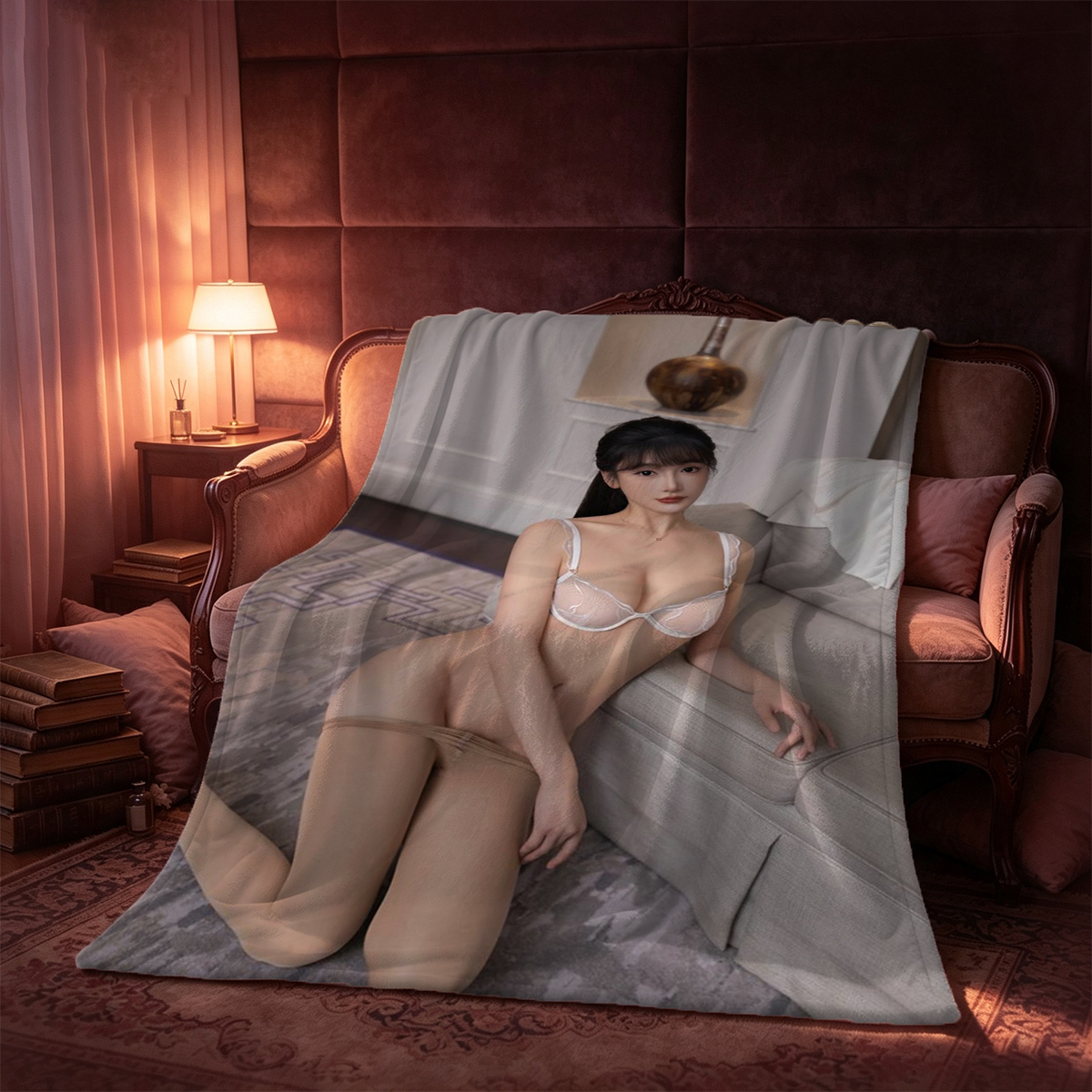 Nude Asian woman in black micro bikini kneeling on bed - Blanket