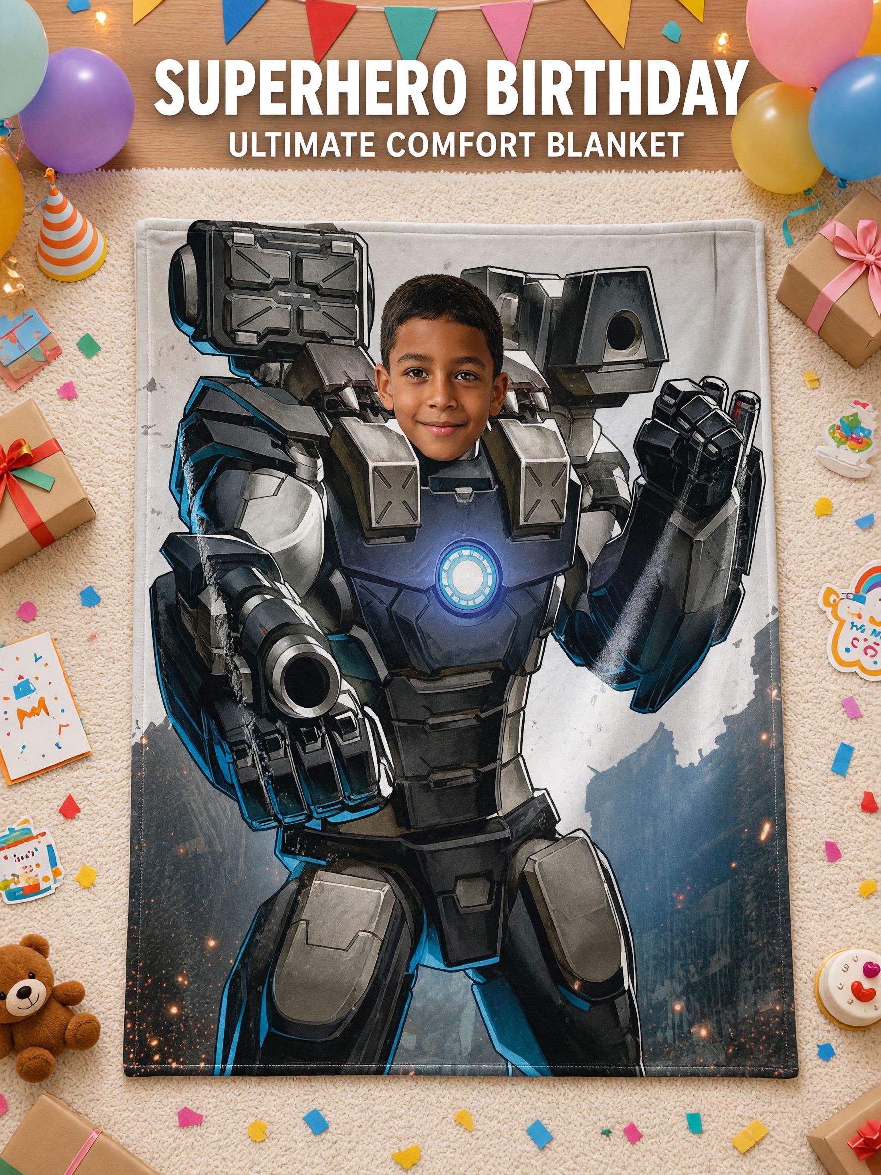 Personalized Photo Face Mech Armor Flannel Blanket Custom Superhero Throw Lightweight Ultra Soft Cozy Bed Couch Gift