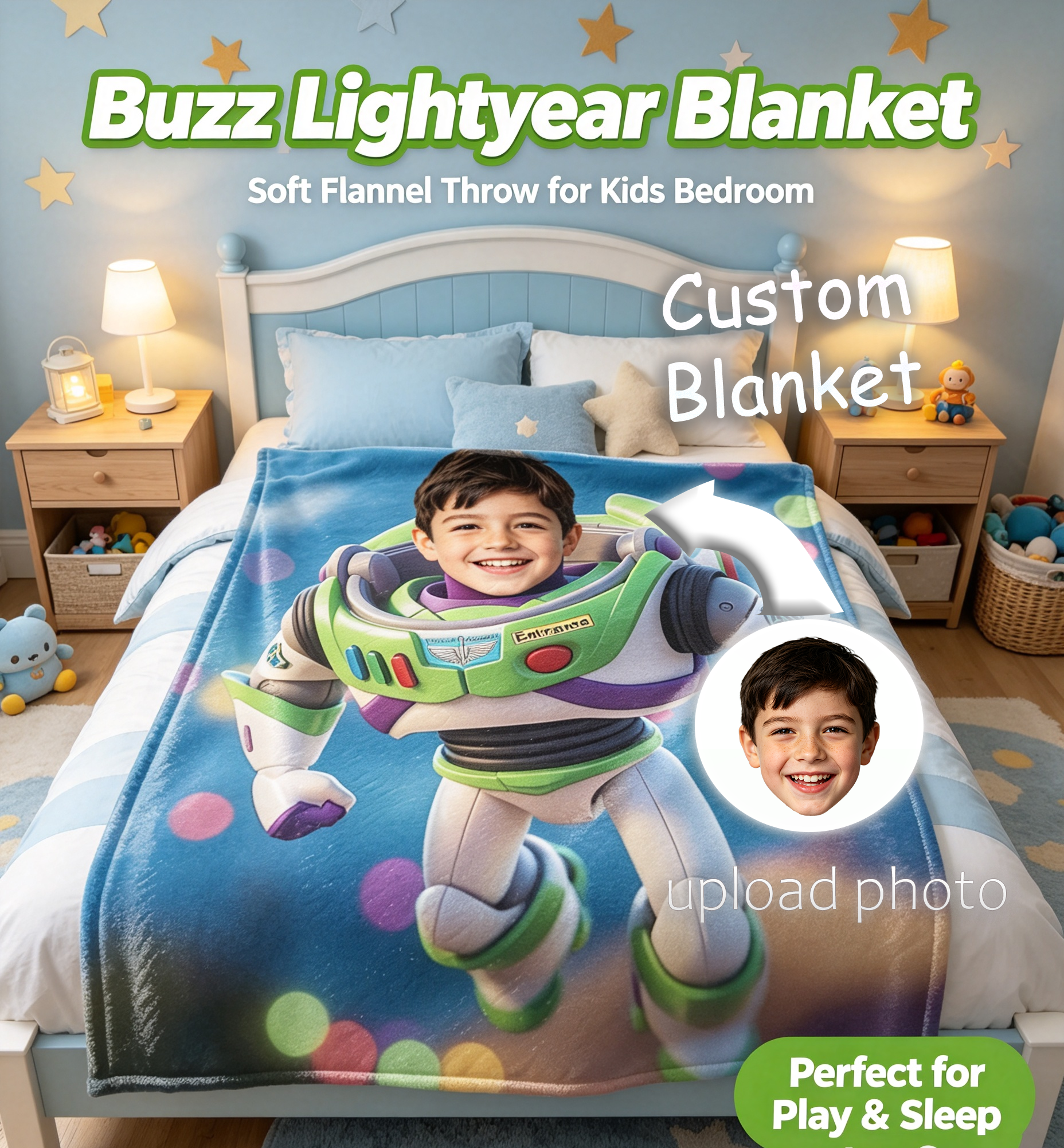 Personalized Space Ranger Photo Fleece Blanket – Custom Face Galactic Hero Soft Throw for Kids & Toddlers, Bedroom Bedding & Birthday Gift
