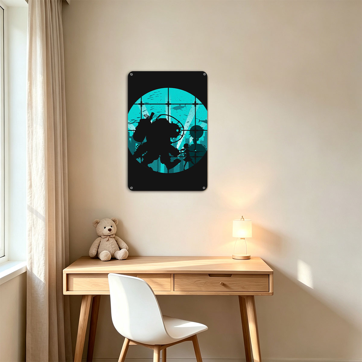 Deep Sea Diver and Child in Underwater City Silhouette - painting