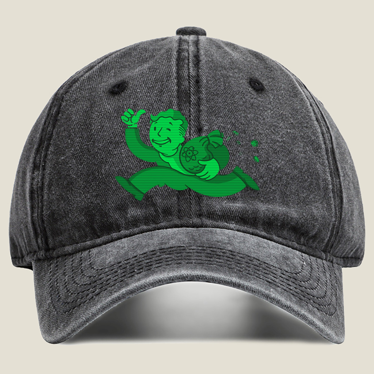 Vault Boy from Fallout Running with a Bag of Atoms - Washed Denim - Baseball Cap