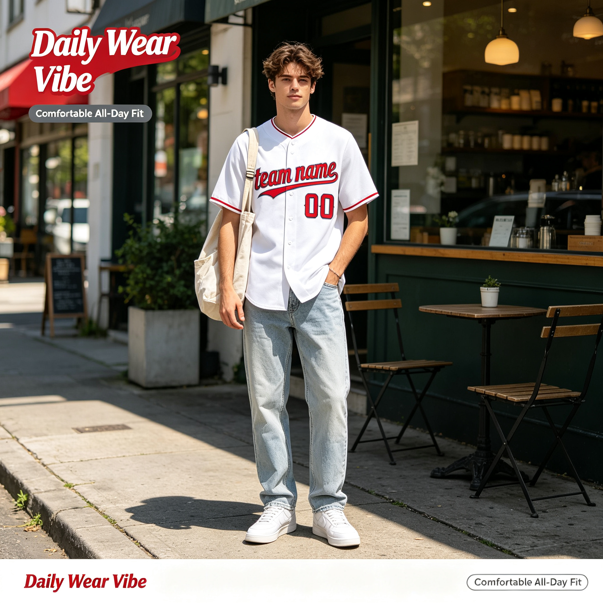 Custom Printed Anaheim Halo Style Baseball Jersey White Red Trim Button Down Shirt for Men and Women