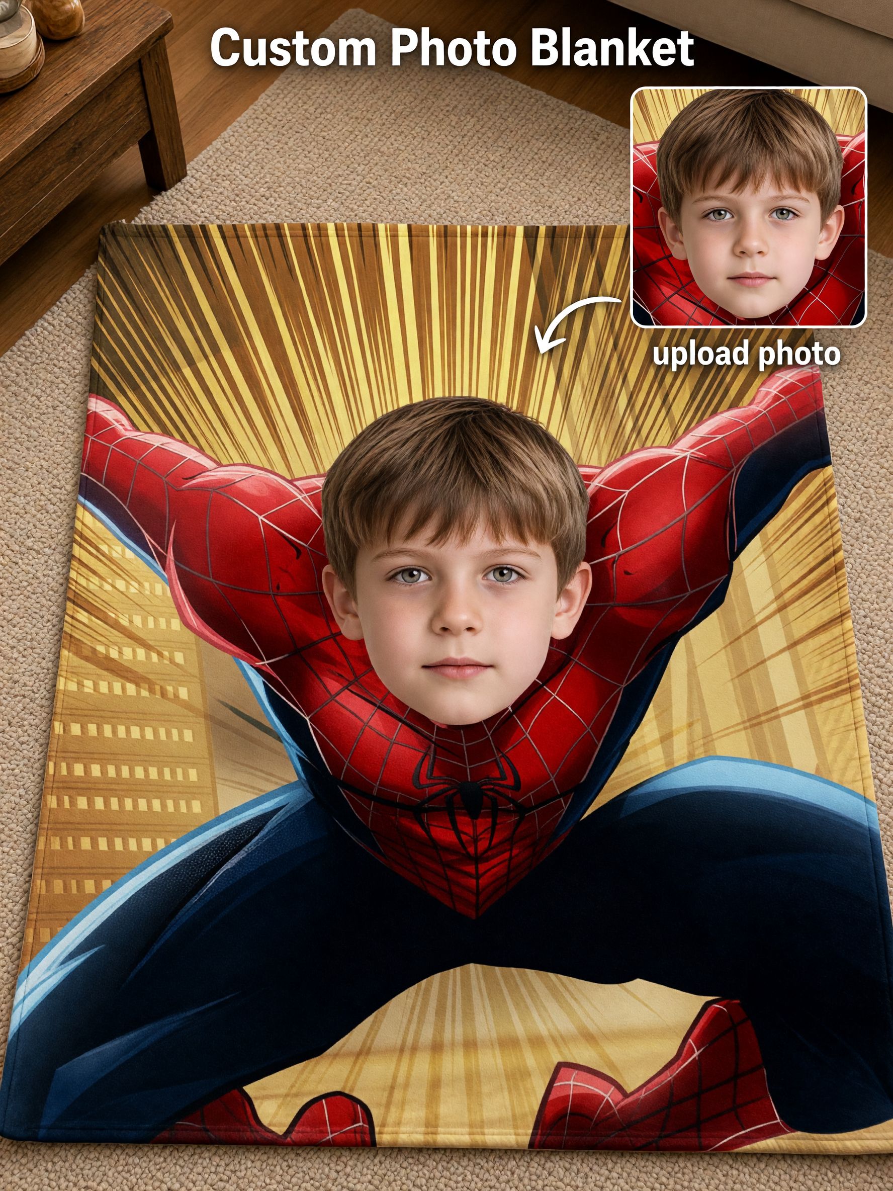 Custom Photo Face Blanket Personalized Superhero Comic Throw Flannel Fleece Bed Couch Cozy Personalized Gift for Kids