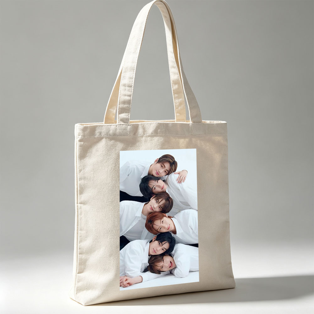 BOYNEXTDOOR Group Photo - Six Members in White Shirts Posing Closely Together on a White Background - Canvas tote bags