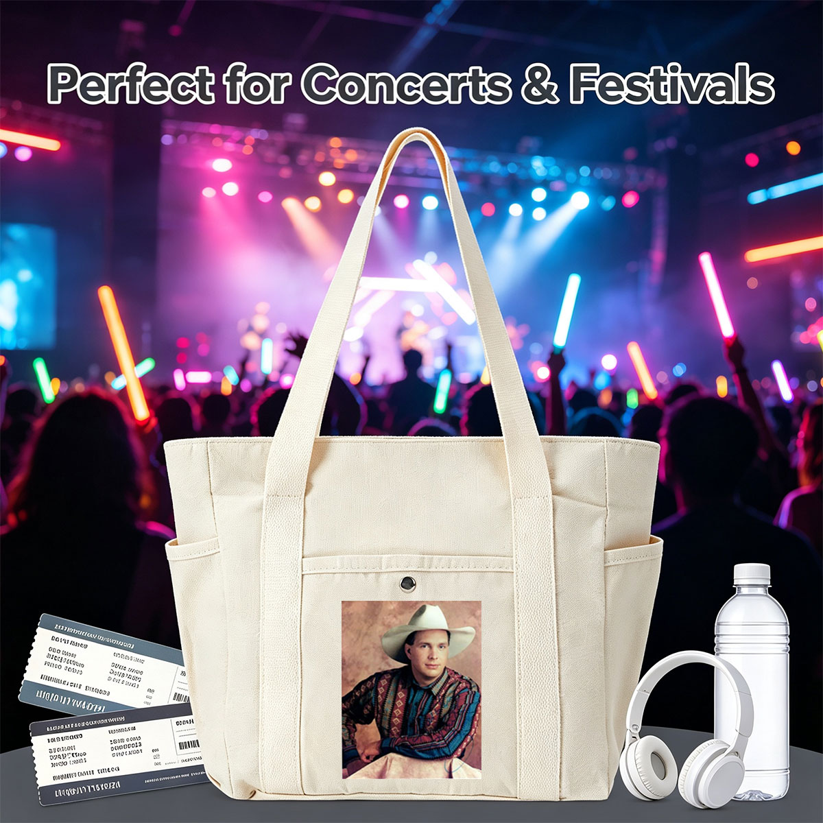 Garth Brook in Cowboy Attire with Colorful Patterned Shirt and White Hat - Multi-pocket bags