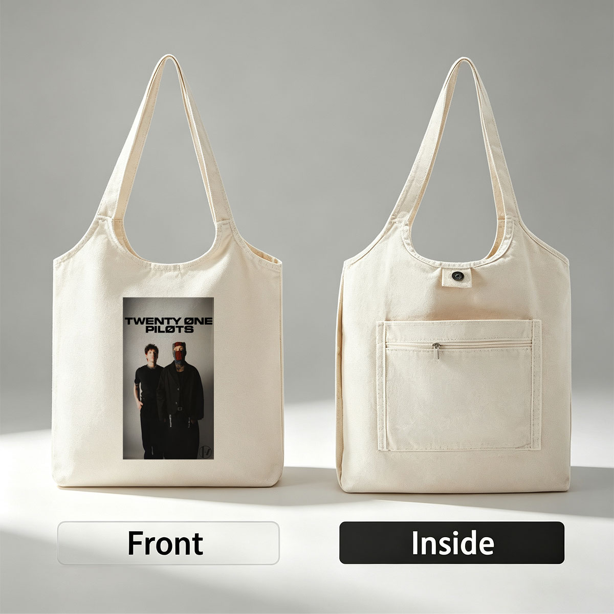 Twenty One Pilots Standing in Black Outfits with One Member Wearing a Mask and the Band Name Displayed Above Them - Canvas shoulder bags/