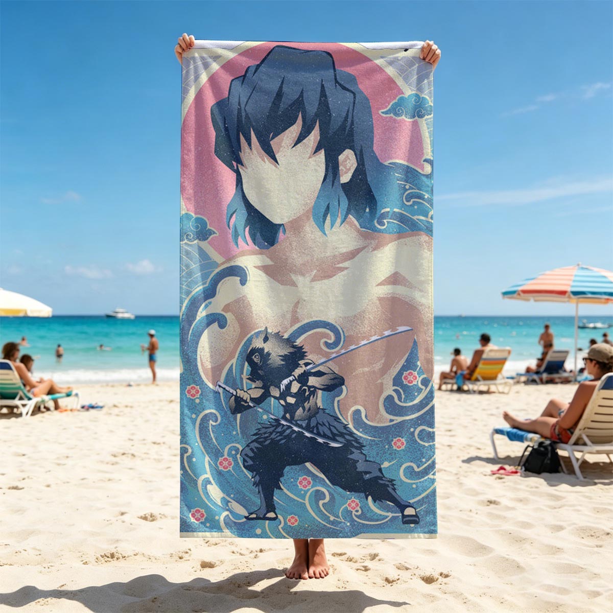 Inosuke Hashibira from Demon Slayer: Kimetsu no Yaiba, depicted in a dynamic pose with his twin swords, set against a stylized wave and sun background. - Beach towels