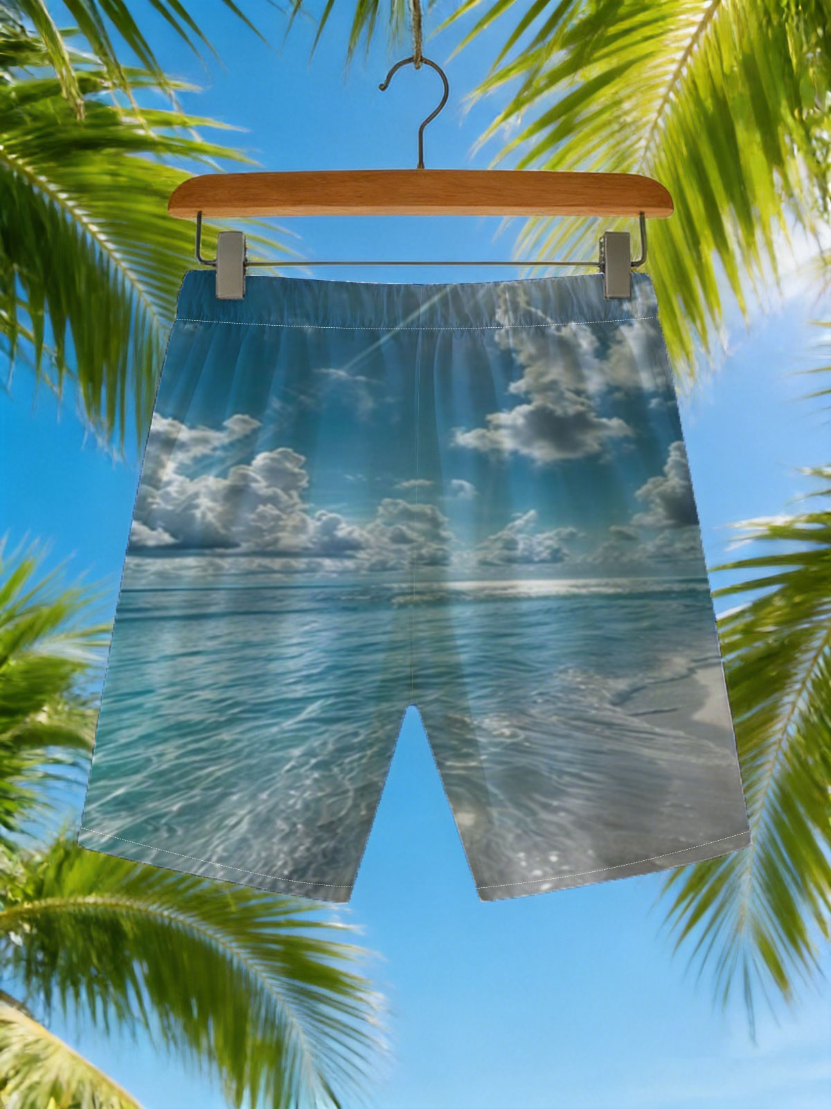Sunlit Beach with Crystal Clear Waters and Fluffy Clouds -  Beach shorts