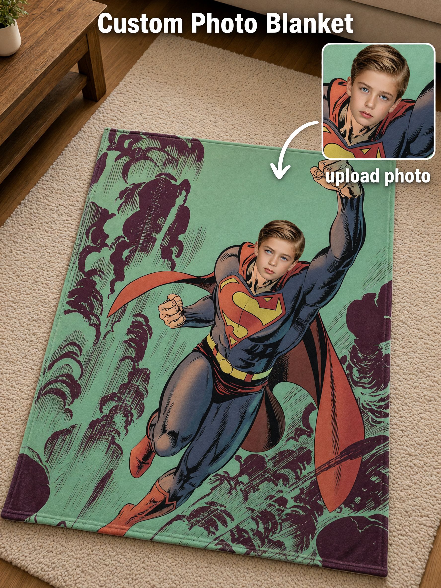 Custom Face Superhero Flannel Fleece Blanket Personalized Comic Photo Throw Soft Cozy Bed Sofa Gift
