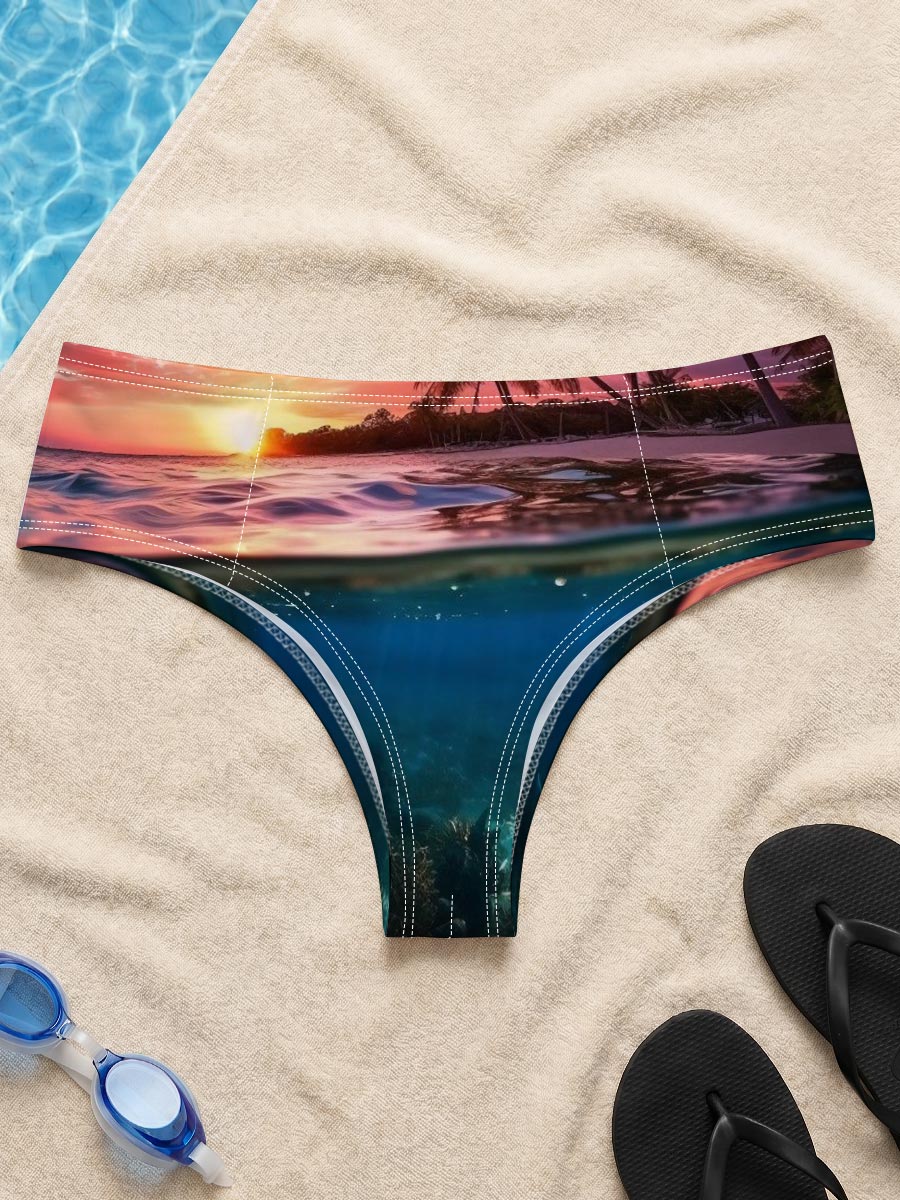Sunset over tropical beach with underwater coral reef -  Men's swim trunks