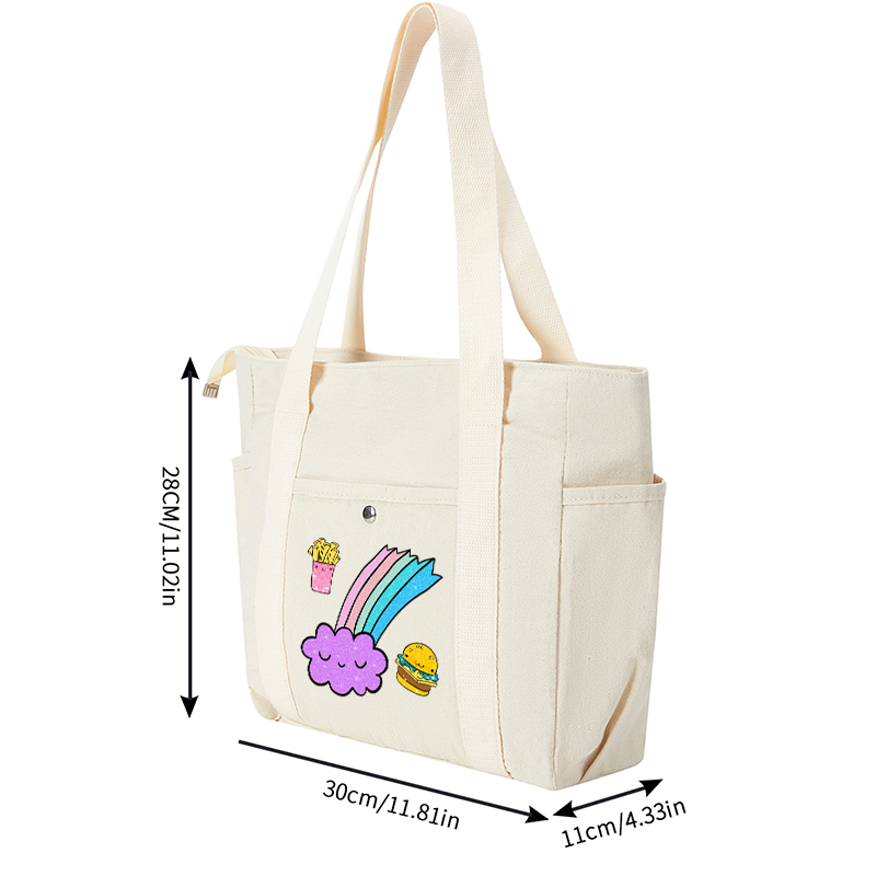 Multi Pocket Bag Cream White with Rainbow Cloud, Happy Burger & Fries Print – Versatile Organizer for Daily Use, School, Travel, and Outings – Ideal for Teens, Students, and Young Adults