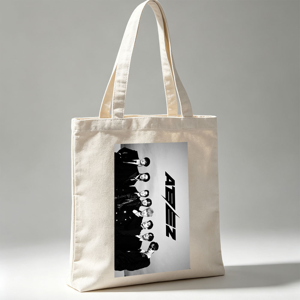 SEVENTEEN in Formal Attire Standing in a Line with Bold Logo on Gray Background - Canvas tote bags