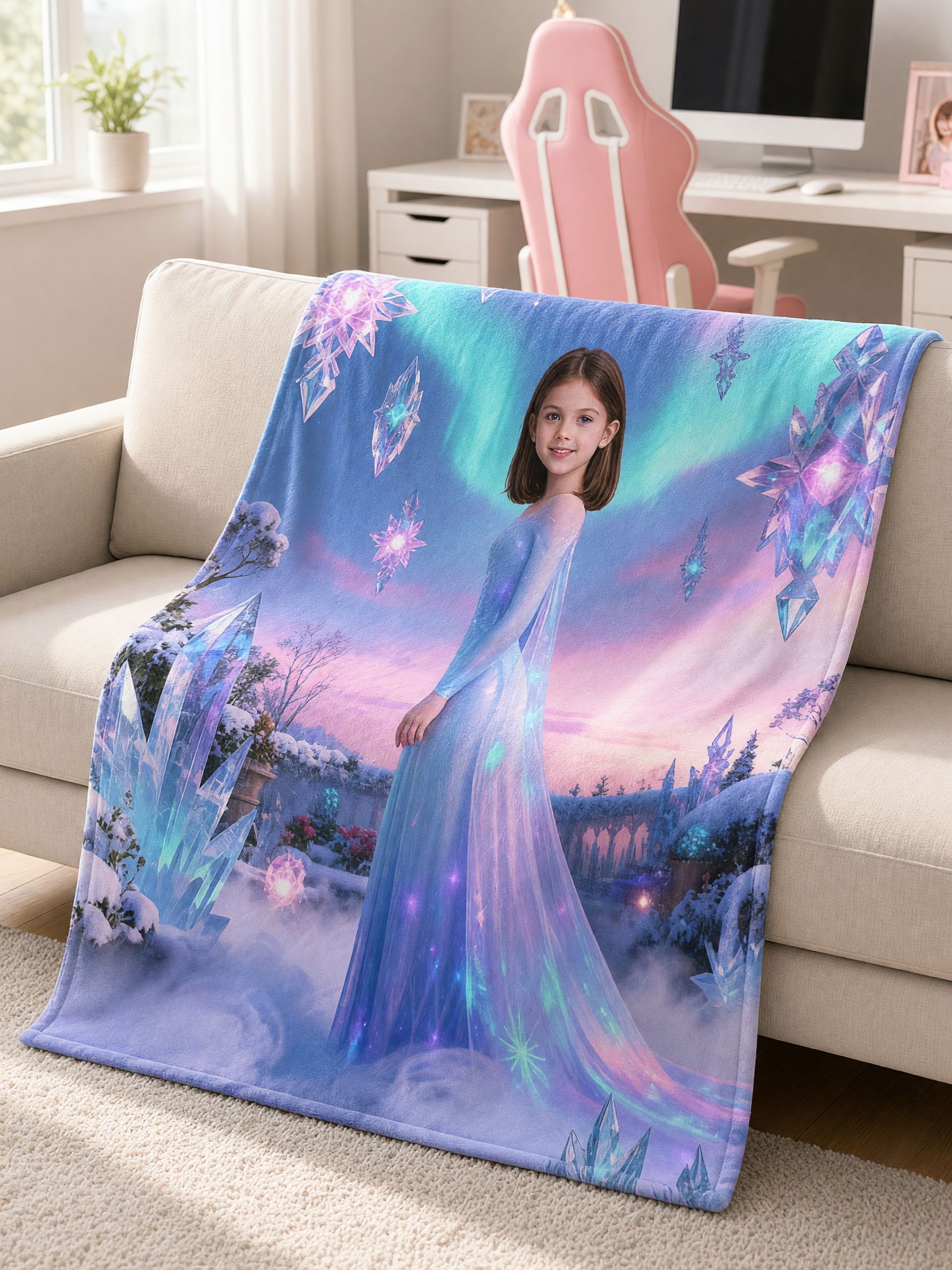 Custom Photo Face Blanket Ice Princess Velvet Flannel Throw, Ultra Soft Fleece Ideal Personalized Gift for Girls