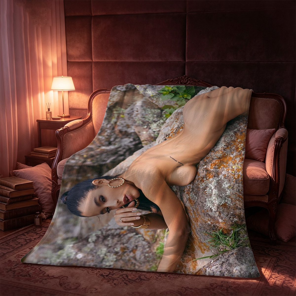 Blue Lingerie Seduction on Bed - Blanket