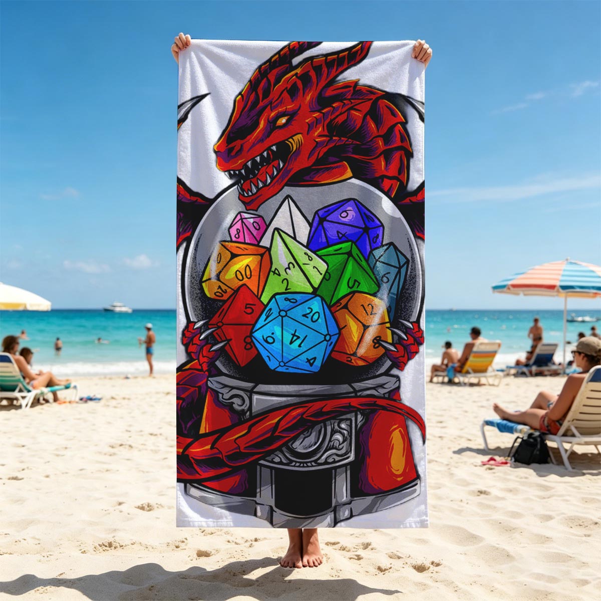 Red Dragon Guarding a Crystal Ball with Colorful Dice - Beach towels