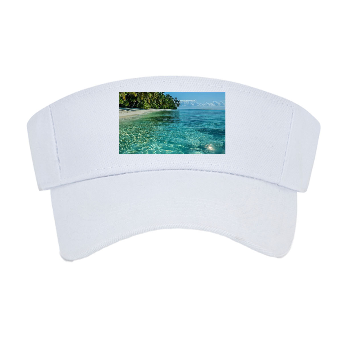 Crystal-clear turquoise waters meet a pristine white sand beach lined with lush palm trees under a bright blue sky. -  Visor cap