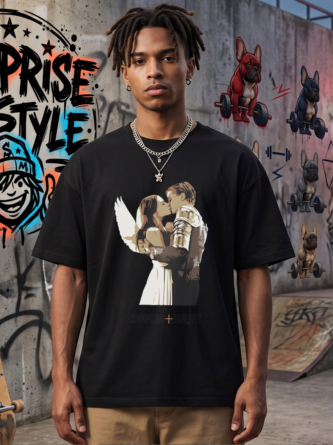Men's Printed T-Shirt Romeo and Juliet Romantic Couple Art Design Casual Round Neck Summer Lightweight Breathable Short Sleeve T-Shirt for Literature Lovers and Drama Fans