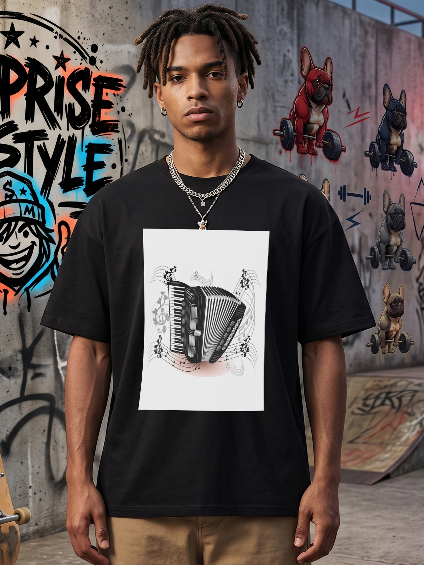 Men's Printed T-Shirt Accordion Music Notes Design Casual Round Neck Summer Lightweight Breathable Short Sleeve Tee for Music Lovers and Musicians
