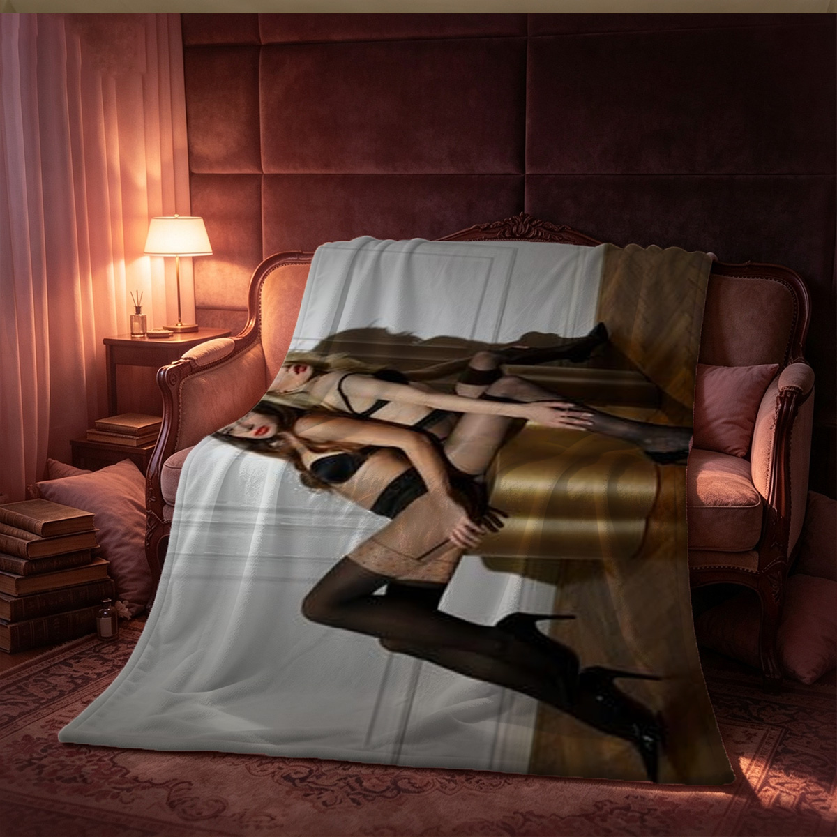 A woman in a red floral kimono, bound with black cuffs and a spreader bar, lies seductively on white sheets. - Blanket