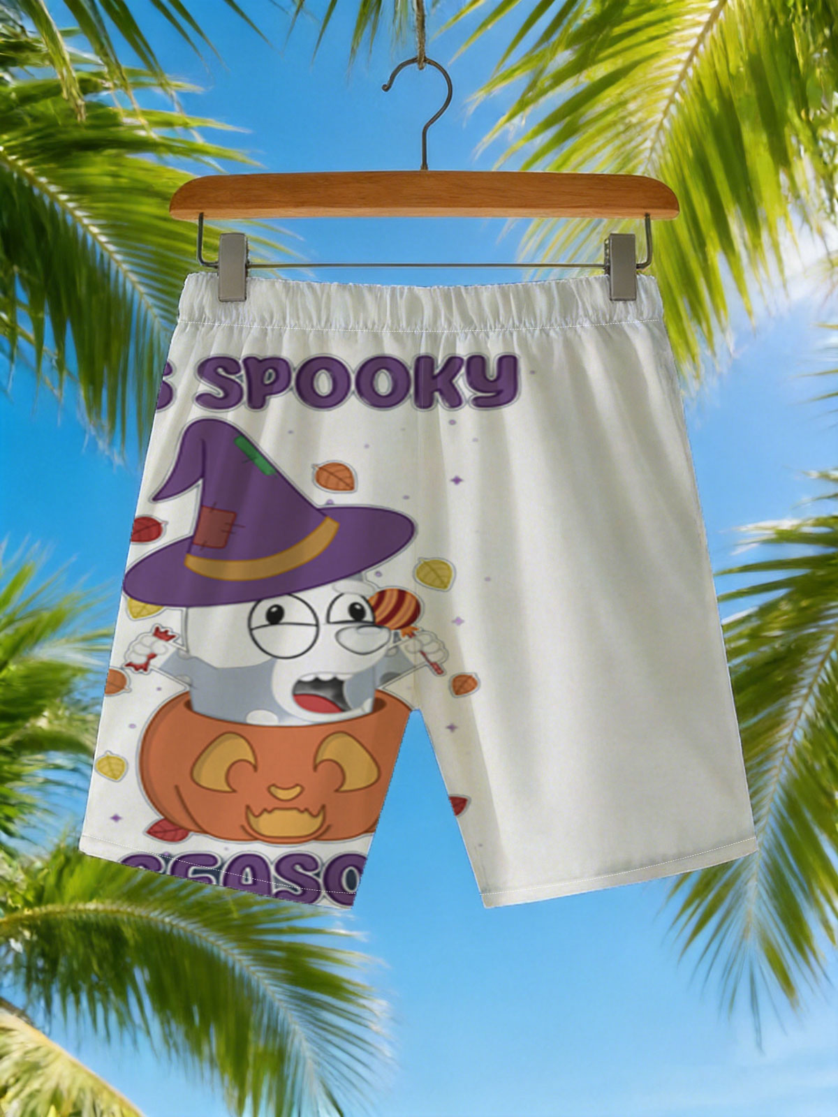 It's Spooky Season! Cartoon Dog in Witch Hat and Pumpkin -  Beach shorts
