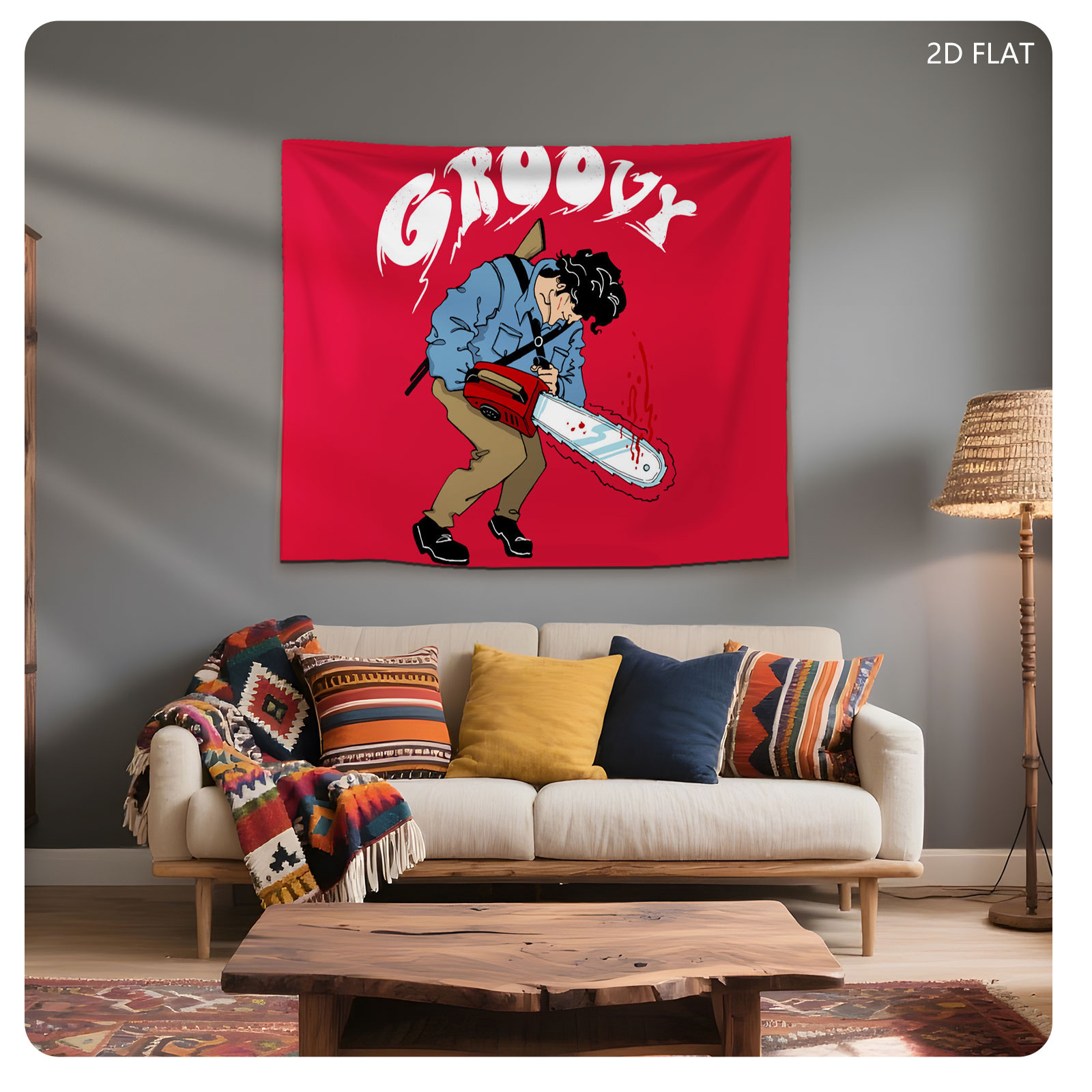 Groovy Chainsaw Man with Red Background - Tapestry