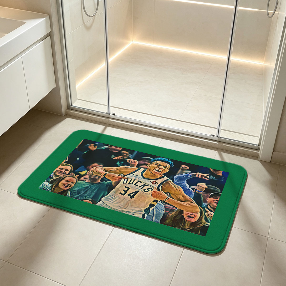 Giannis Antetokounmpo of the Milwaukee Bucks celebrates in front of cheering fans. - Flannel floor mat