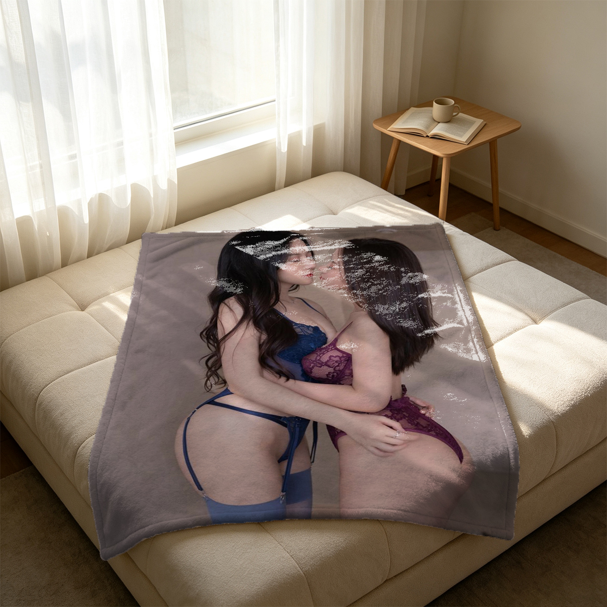 Woman in white lingerie sitting on orange couch. - Blanket