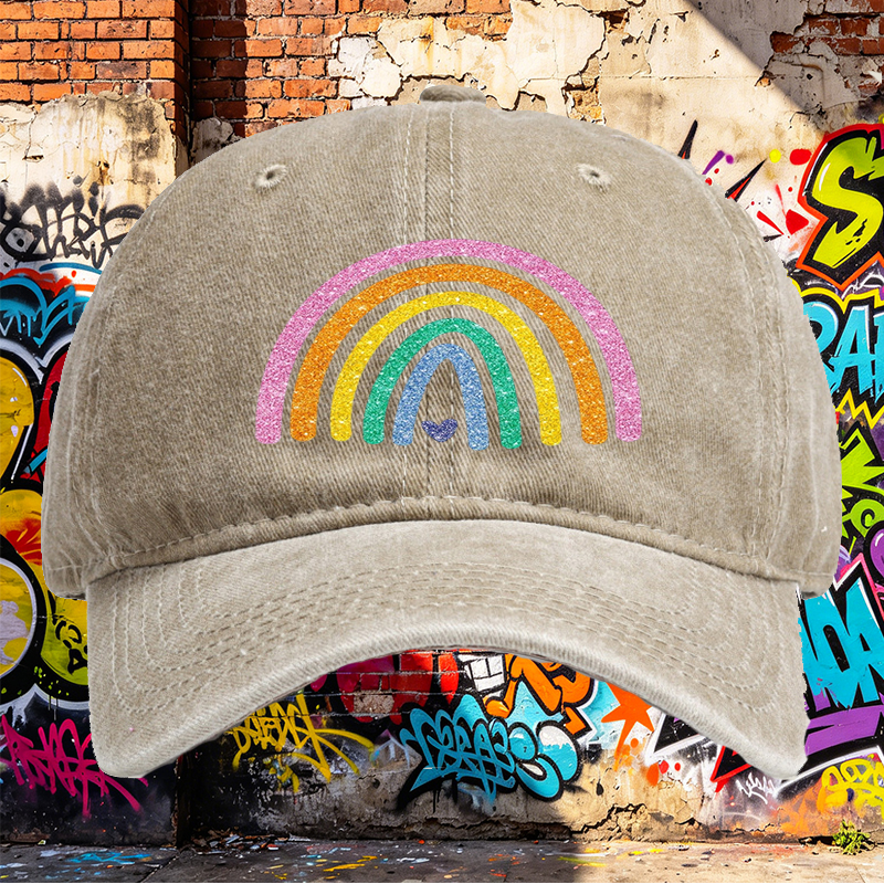 Unisex Classic Washed Cap with Glitter Rainbow Print and Heart Detail – Perfect for Casual Outings, Festivals, and Everyday Wear – Ideal for Youth and Adults Seeking Fun, Colorful Headwear
