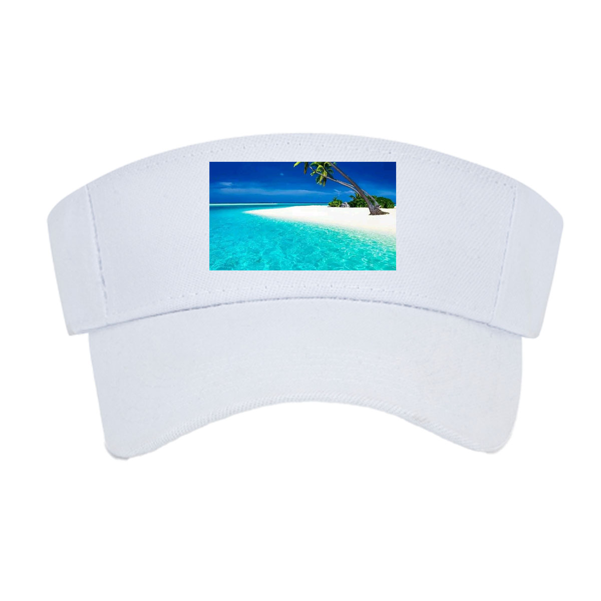 Serene tropical beach with crystal clear turquoise water and leaning palm trees under a vibrant blue sky. -  Visor cap
