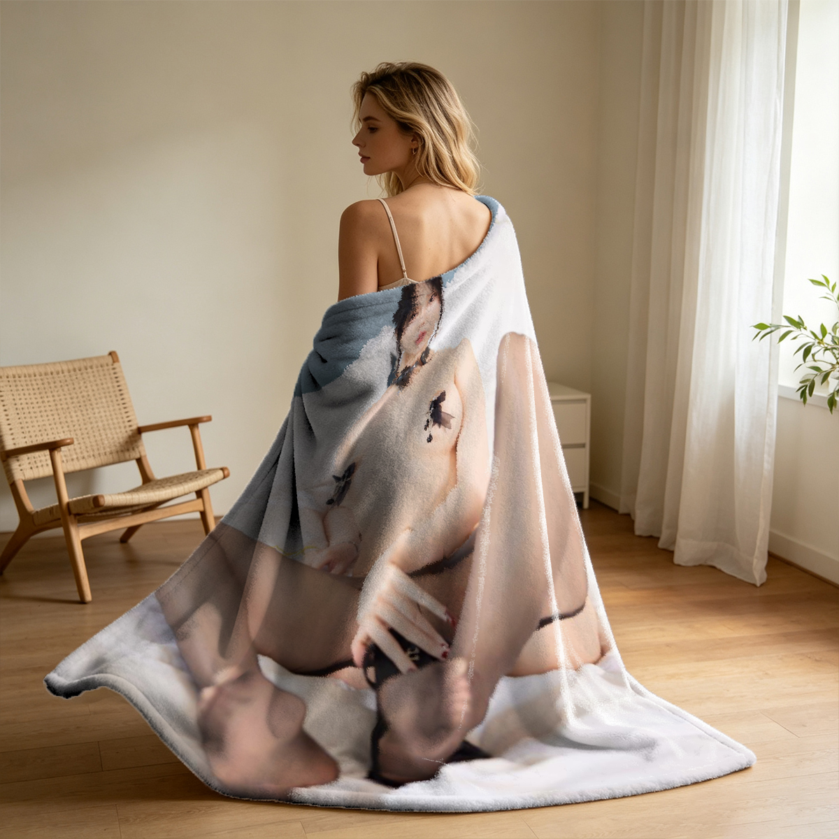 Nude Asian Woman Posing in Modern Living Room - Blanket